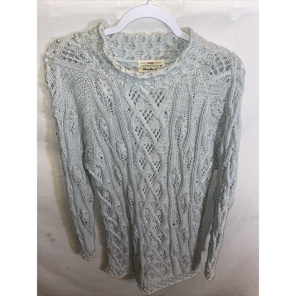 Yarnwork Knitwork Women’s Sweater Dress Size Medium Gray Faux Pearls Cable Knit